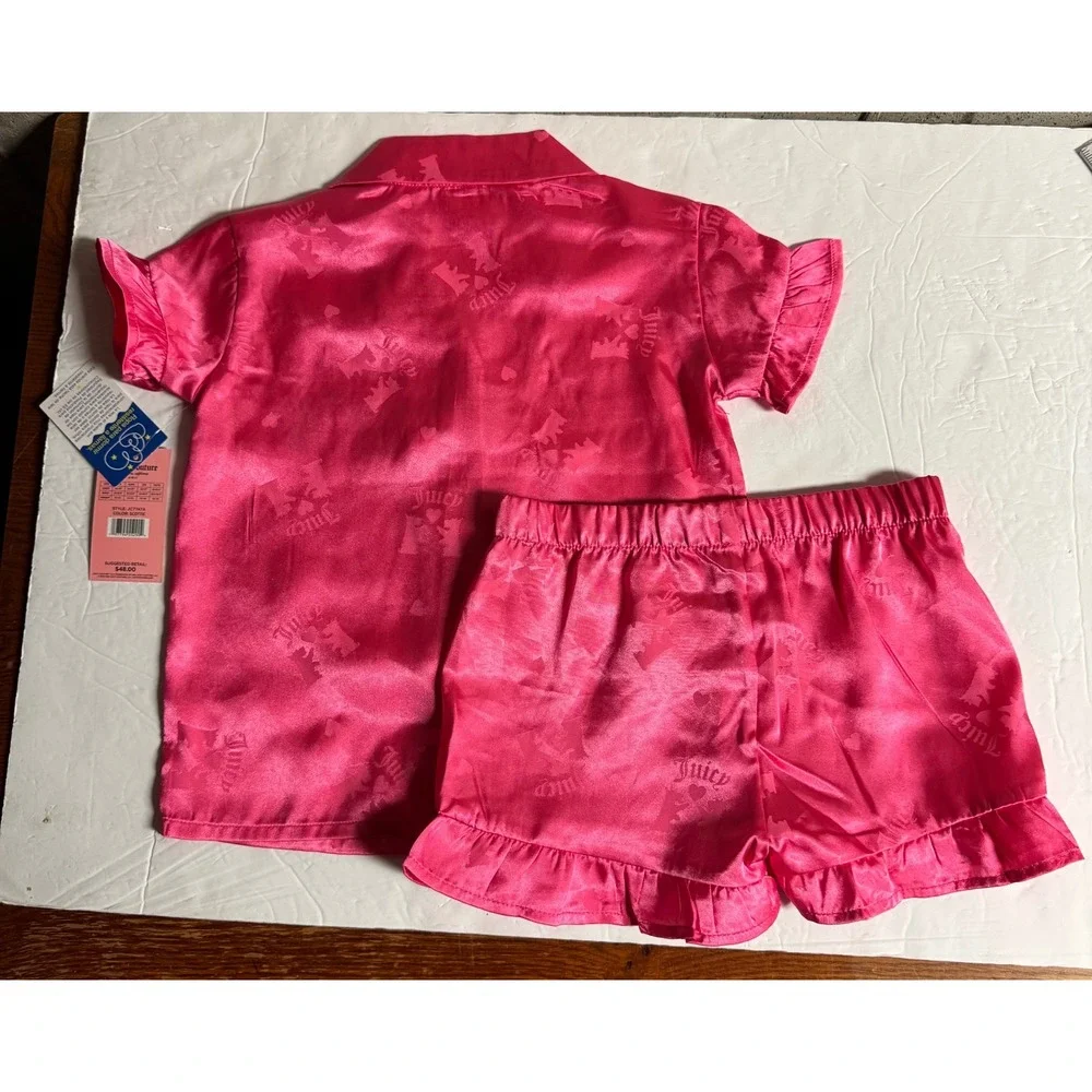 Juicy Couture Girls Pink Satin Pajama Set 2pc Shorts Button Top Size 4/5 NWT
